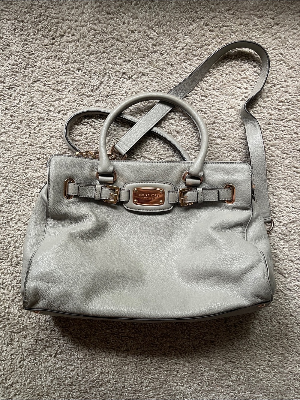 Michael Kors Light Gray Leather Satchel with Gold-Tone Hardware